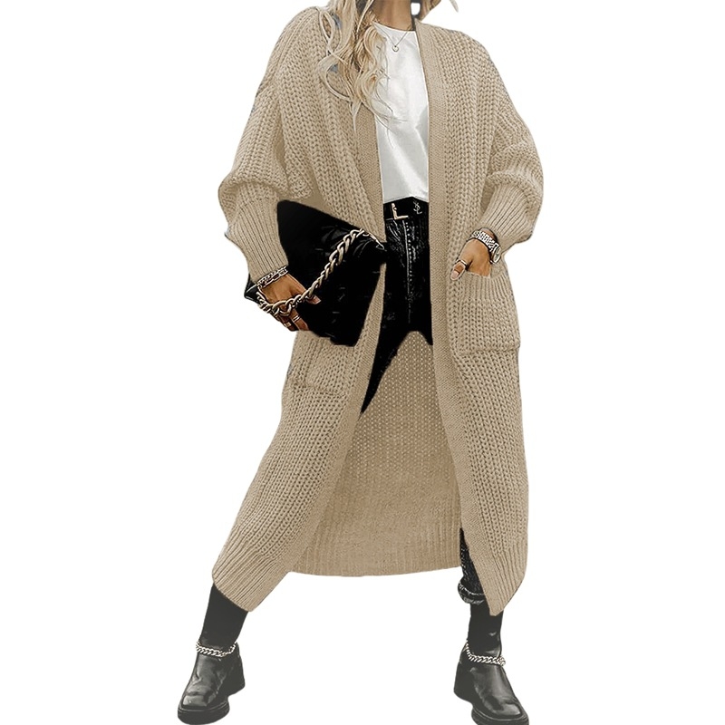 Cardigan din acril pentru femei, croială lejeră, guler în V, lungime lungă peste 100 cm, cu buzunare