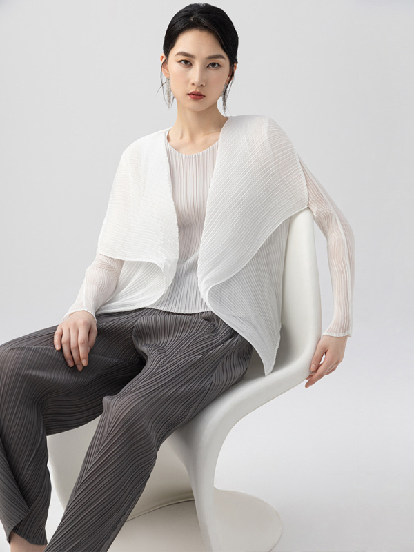 Cămașă din chiffon de Tencel cu suprapunere stil cardigan, croială slim, mâneci lungi, lungime medie, UPF30+