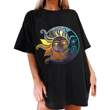 Женска памучна тениска с печат Луна и Слънце, къс ръкав, кръгла яка, свободен силует