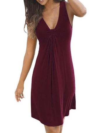 Миди рокля с V-образно деколте, без ръкави, едноцветна, смесена тъкан, детайл от шиене.