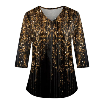 Top de lucru cu decolteu în V, mâneci lungi, imprimeu 3D, croială lejeră, material imitație de bumbac cu poliester 70–80%, Primăvara 2024