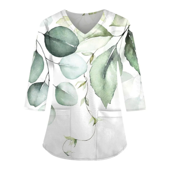 Γυναικείο τοπ εργασίας με V-λαιμό, μακριά μανίκια, εκτύπωση με 3D εφέ, χαλαρή γραμμή, ύφασμα μιμούμενο βαμβάκι με πολυεστέρα 70–80%, Άνοιξη 2024