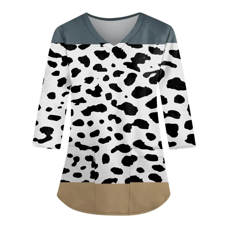 Top de lucru cu decolteu în V, mâneci lungi, imprimeu 3D, croială lejeră, material imitație de bumbac cu poliester 70–80%, Primăvara 2024