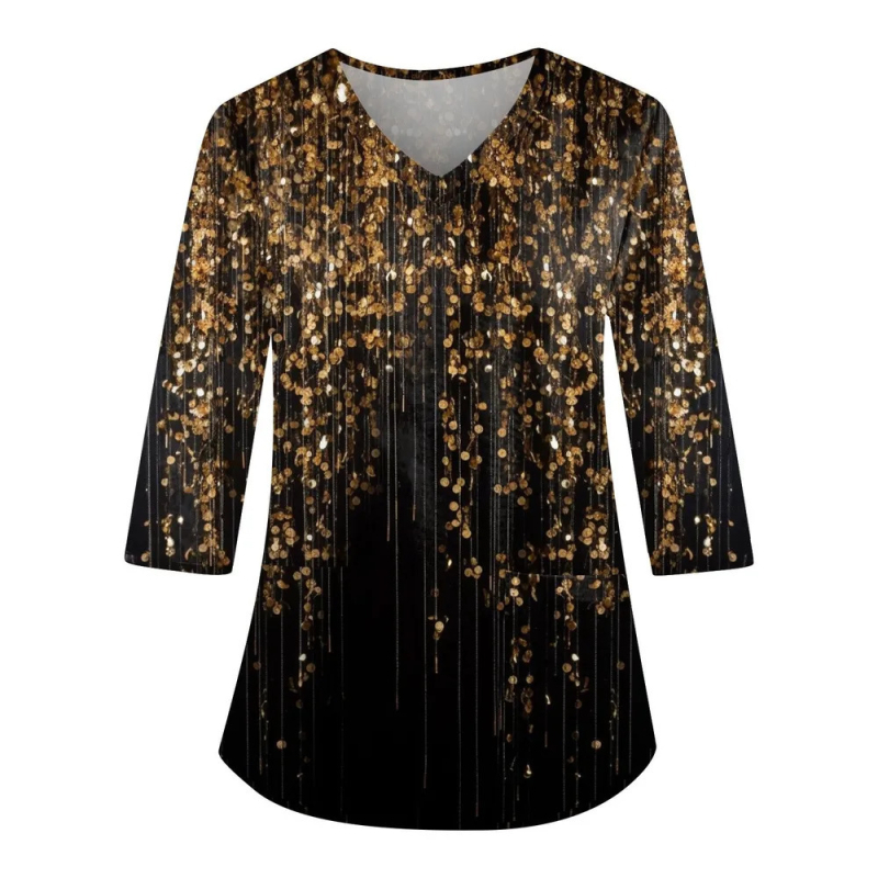 Top de lucru cu decolteu în V, mâneci lungi, imprimeu 3D, croială lejeră, material imitație de bumbac cu poliester 70–80%, Primăvara 2024