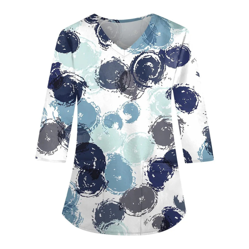 Top de lucru cu decolteu în V, mâneci lungi, imprimeu 3D, croială lejeră, material imitație de bumbac cu poliester 70–80%, Primăvara 2024