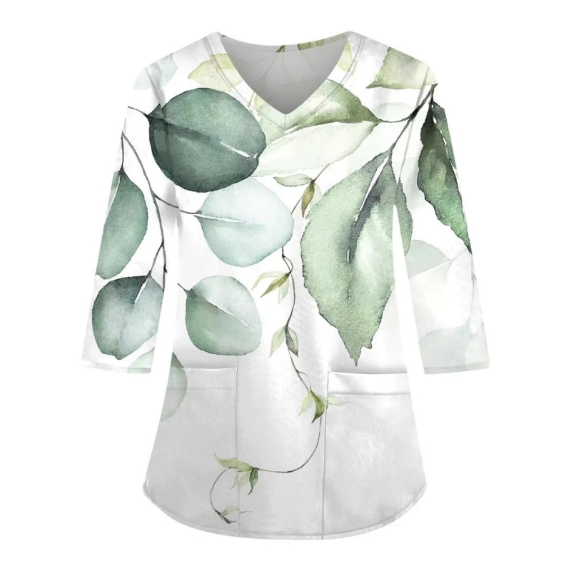 Top de lucru cu decolteu în V, mâneci lungi, imprimeu 3D, croială lejeră, material imitație de bumbac cu poliester 70–80%, Primăvara 2024