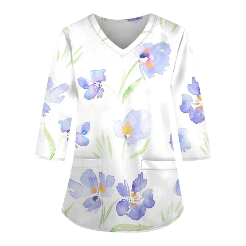 Top de lucru cu decolteu în V, mâneci lungi, imprimeu 3D, croială lejeră, material imitație de bumbac cu poliester 70–80%, Primăvara 2024