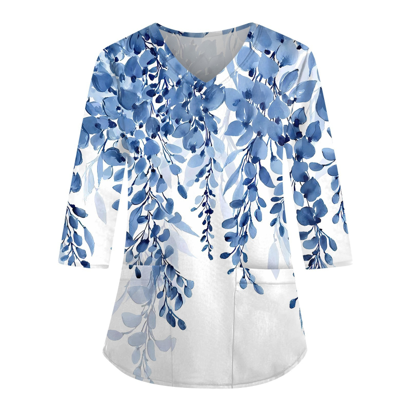 Top de lucru cu decolteu în V, mâneci lungi, imprimeu 3D, croială lejeră, material imitație de bumbac cu poliester 70–80%, Primăvara 2024