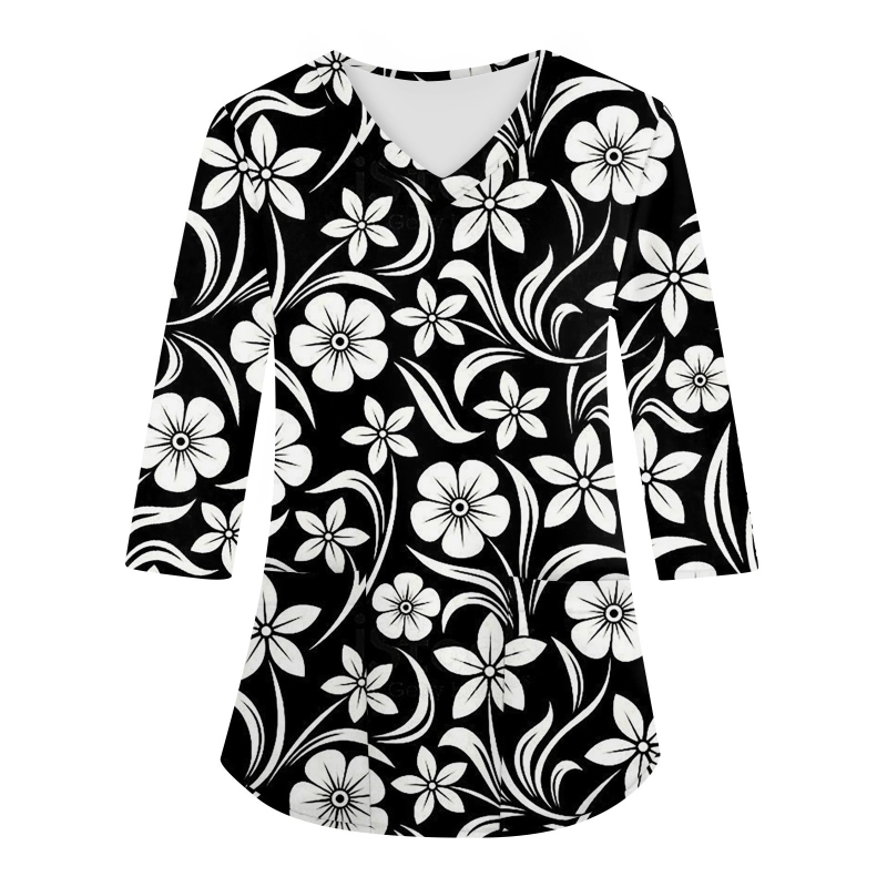 Top de lucru cu decolteu în V, mâneci lungi, imprimeu 3D, croială lejeră, material imitație de bumbac cu poliester 70–80%, Primăvara 2024