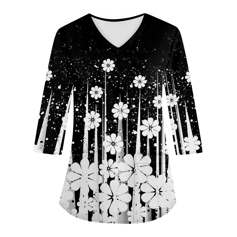 Top de lucru cu decolteu în V, mâneci lungi, imprimeu 3D, croială lejeră, material imitație de bumbac cu poliester 70–80%, Primăvara 2024