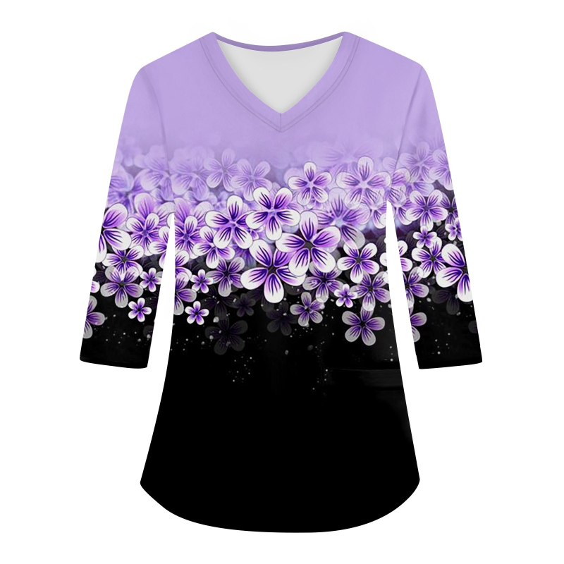 Top de lucru cu decolteu în V, mâneci lungi, imprimeu 3D, croială lejeră, material imitație de bumbac cu poliester 70–80%, Primăvara 2024