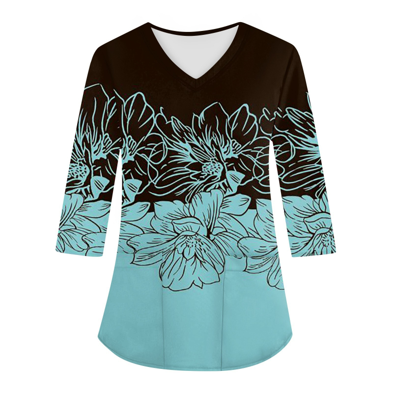 Top de lucru cu decolteu în V, mâneci lungi, imprimeu 3D, croială lejeră, material imitație de bumbac cu poliester 70–80%, Primăvara 2024