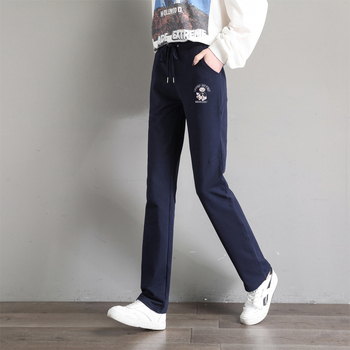 Дамски спортни панталони от памук-еластанова смес, прави крачоли, свободен силует, средна талия, дължина панталони (90-95% памук, до 30% еластан)