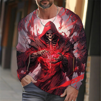 Ανδρικό T‑shirt με 3D ψηφιακή εκτύπωση, στρογγυλός λαιμός, μακριά μανίκια, στενή γραμμή, αναπνεύσιμη μίξη χημικών ινών