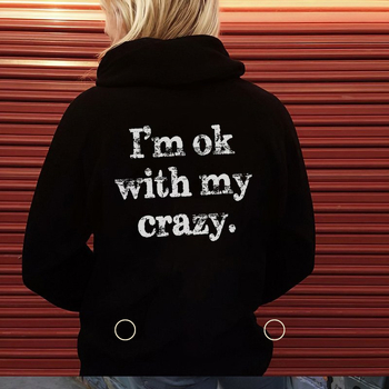 Pulover tricotat cu glugă pentru femei, imprimat cu litere – stil street gothic, guler rotund, croială lejeră, poliester