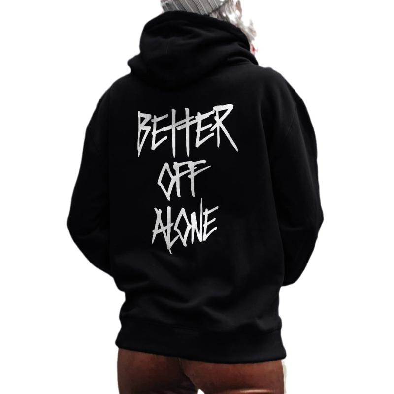 Pulover tricotat cu glugă pentru femei, imprimat cu litere – stil street gothic, guler rotund, croială lejeră, poliester