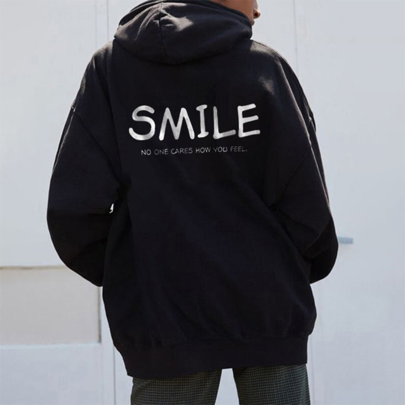 Pulover tricotat cu glugă pentru femei, imprimat cu litere – stil street gothic, guler rotund, croială lejeră, poliester