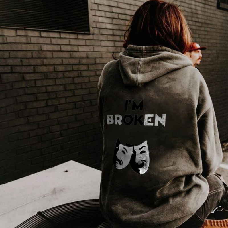 Pulover tricotat cu glugă pentru femei, imprimat cu litere – stil street gothic, guler rotund, croială lejeră, poliester