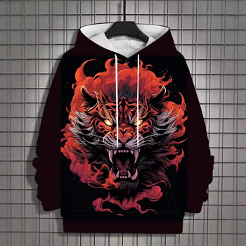 Мъжки суитшърт с качулка, тигър 3D печат, дълъг ръкав, винтидж стил, полиестер 88%