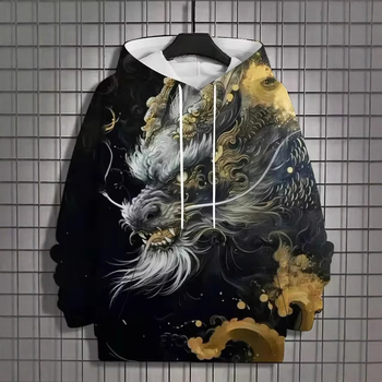 Мъжки суитшърт с качулка, тигър 3D печат, дълъг ръкав, винтидж стил, полиестер 88%