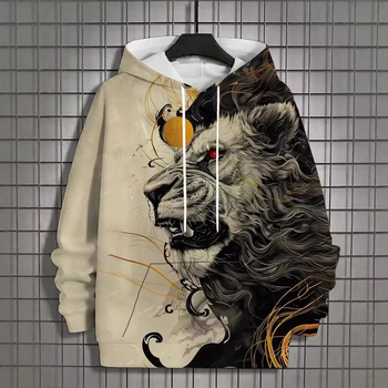Мъжки суитшърт с качулка, тигър 3D печат, дълъг ръкав, винтидж стил, полиестер 88%