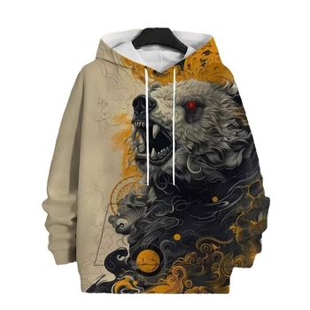 Мъжки суитшърт с качулка, тигър 3D печат, дълъг ръкав, винтидж стил, полиестер 88%