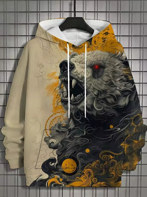 Muški hoodie s 3D printom životinjskog uzorka, tigrov motiv, dugi rukav, kapuljača, vintage stil