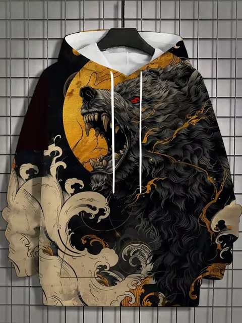 Muški hoodie s 3D printom životinjskog uzorka, tigrov motiv, dugi rukav, kapuljača, vintage stil