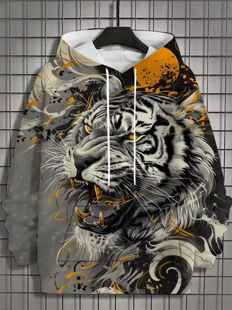 Muški hoodie s 3D printom životinjskog uzorka, tigrov motiv, dugi rukav, kapuljača, vintage stil