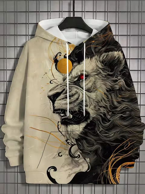 Muški hoodie s 3D printom životinjskog uzorka, tigrov motiv, dugi rukav, kapuljača, vintage stil