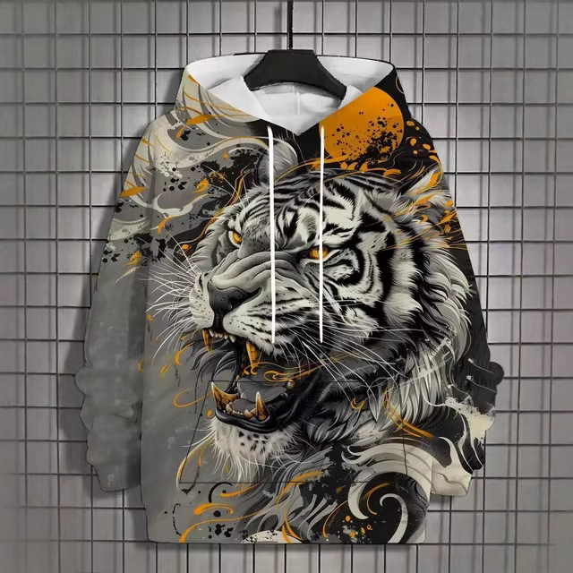 Muški hoodie s 3D printom životinjskog uzorka, tigrov motiv, dugi rukav, kapuljača, vintage stil