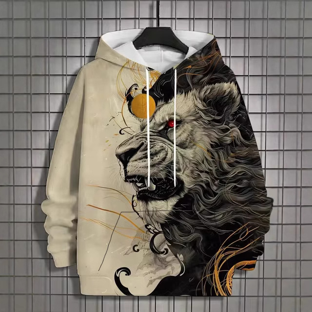Muški hoodie s 3D printom životinjskog uzorka, tigrov motiv, dugi rukav, kapuljača, vintage stil