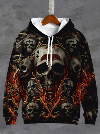 Hooded sweatshirt s tiskom lubanje, 3D digitalni tisak, široki kroj, džep s 3D zakrpom