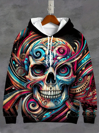 Худи суитшърт с принт на череп, 3D дигитален печат, свободна кройка, джоб с триизмерен аплик
