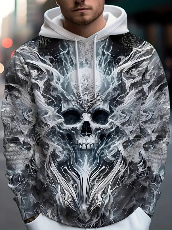 Hooded sweatshirt s tiskom lubanje, 3D digitalni tisak, široki kroj, džep s 3D zakrpom