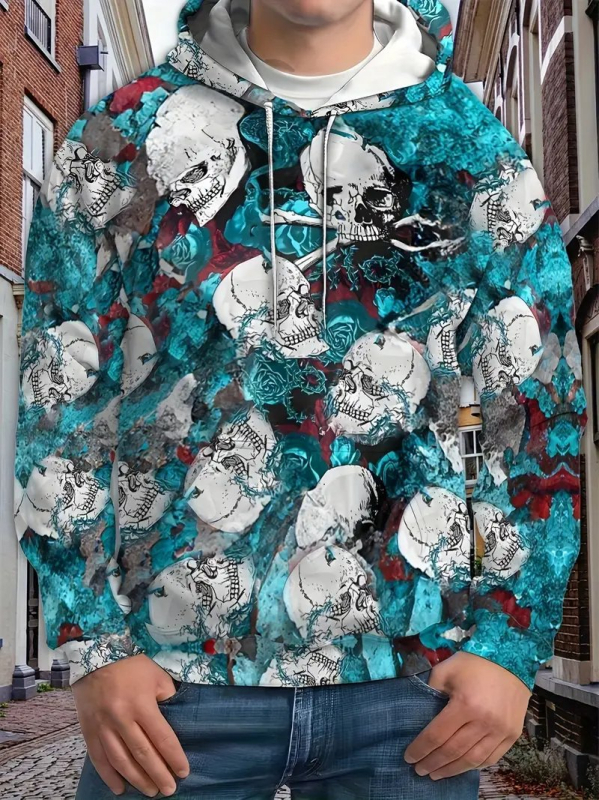 Hooded sweatshirt s tiskom lubanje, 3D digitalni tisak, široki kroj, džep s 3D zakrpom
