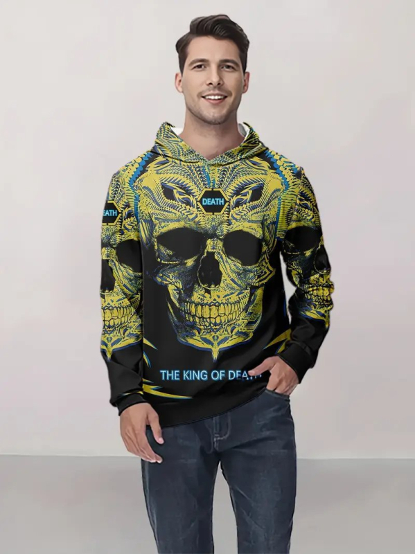 Hooded sweatshirt s tiskom lubanje, 3D digitalni tisak, široki kroj, džep s 3D zakrpom