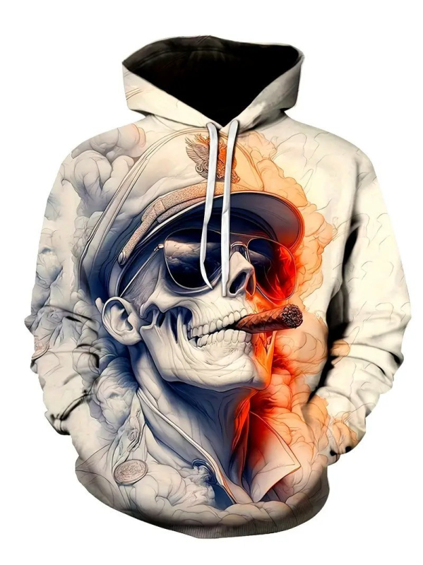 Hooded sweatshirt s tiskom lubanje, 3D digitalni tisak, široki kroj, džep s 3D zakrpom