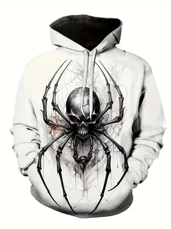 Hooded sweatshirt s tiskom lubanje, 3D digitalni tisak, široki kroj, džep s 3D zakrpom