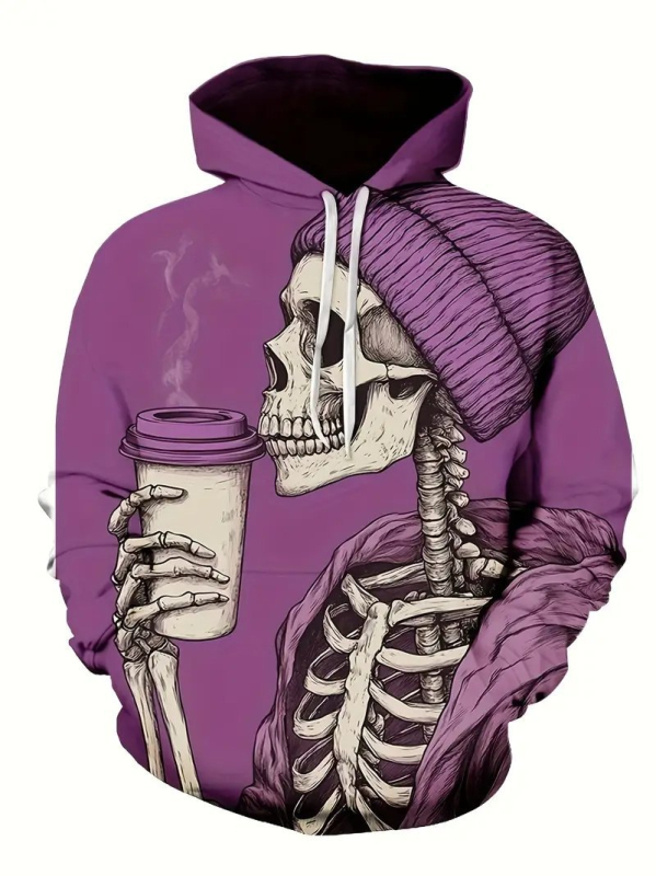 Hooded sweatshirt s tiskom lubanje, 3D digitalni tisak, široki kroj, džep s 3D zakrpom