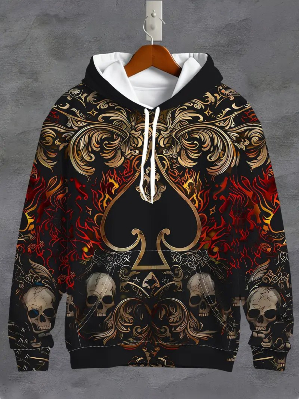 Hooded sweatshirt s tiskom lubanje, 3D digitalni tisak, široki kroj, džep s 3D zakrpom