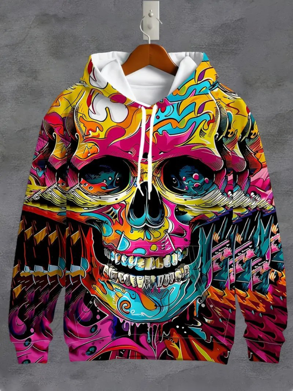 Hooded sweatshirt s tiskom lubanje, 3D digitalni tisak, široki kroj, džep s 3D zakrpom