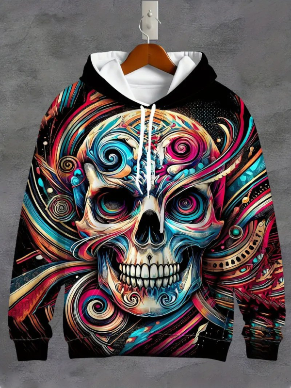 Hooded sweatshirt s tiskom lubanje, 3D digitalni tisak, široki kroj, džep s 3D zakrpom