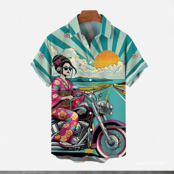 Риза в японски ретро стил с принт Укиё-е, къси ръкави, полиестер 91–95%