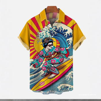 Ανδρικό πουκάμισο με ιαπωνικό ρετρό στυλ και εκτύπωση Ukiyo-e, κοντά μανίκια, πολυεστέρας 91–95%.