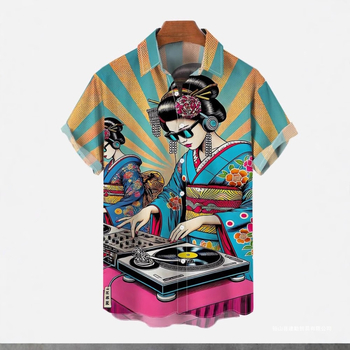Ανδρικό πουκάμισο με ιαπωνικό ρετρό στυλ και εκτύπωση Ukiyo-e, κοντά μανίκια, πολυεστέρας 91–95%.