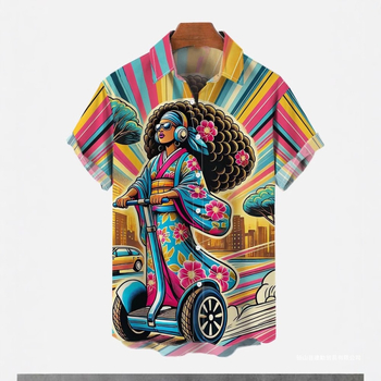 Ανδρικό πουκάμισο με ιαπωνικό ρετρό στυλ και εκτύπωση Ukiyo-e, κοντά μανίκια, πολυεστέρας 91–95%.