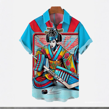 Ανδρικό πουκάμισο με ιαπωνικό ρετρό στυλ και εκτύπωση Ukiyo-e, κοντά μανίκια, πολυεστέρας 91–95%.