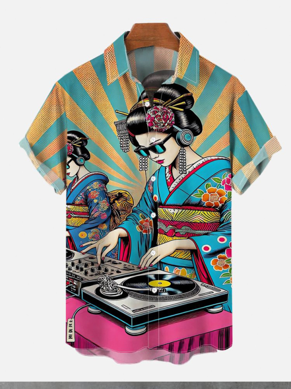 Риза в японски ретро стил с принт Укиё-е, къси ръкави, полиестер 91–95%