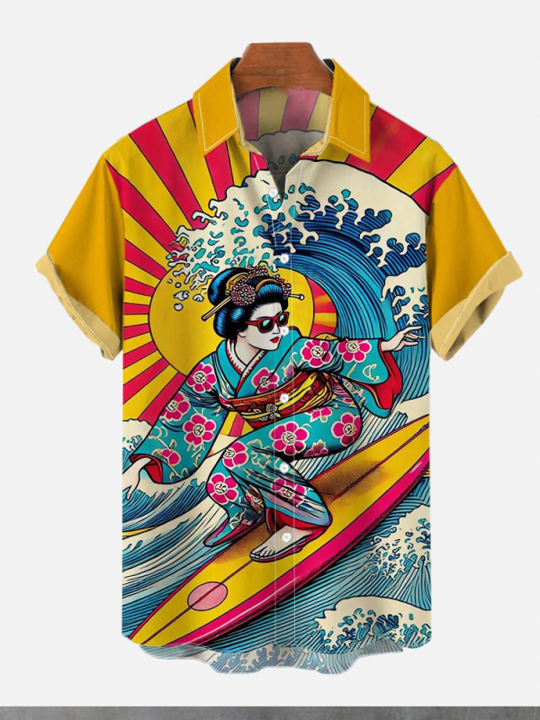 Риза в японски ретро стил с принт Укиё-е, къси ръкави, полиестер 91–95%